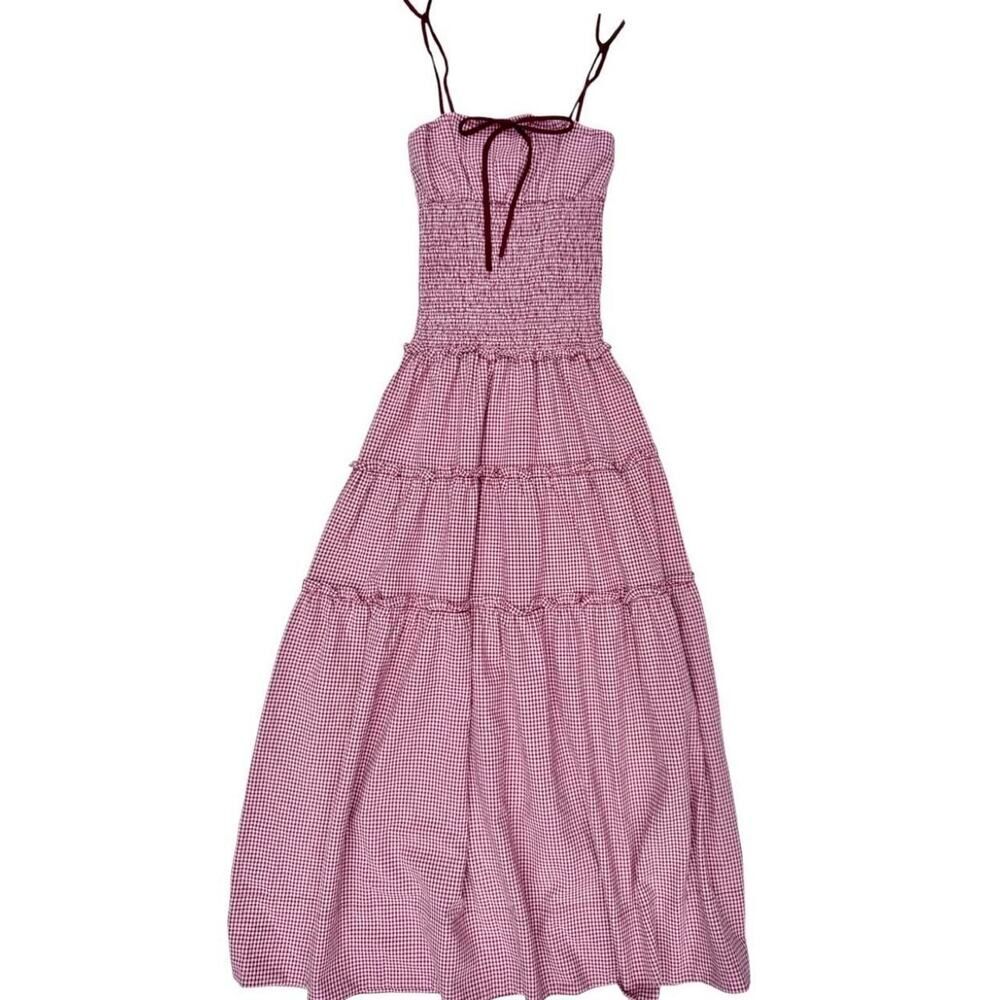 NWT Alohas Masami Gingham Smocked Tiered Maxi Dress Cottagecore Coquette - M